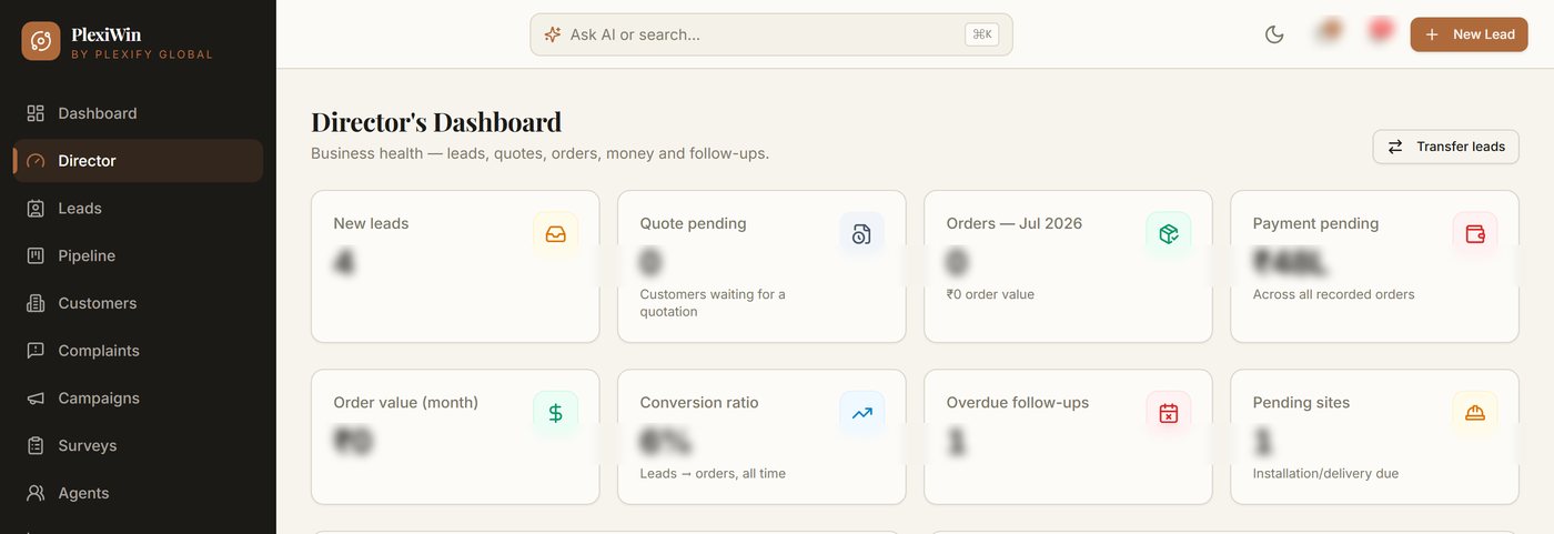 PlexiWin Director's Dashboard: new leads, quotes pending, orders, payment pending, order value, conversion ratio, overdue follow-ups and pending sites. Figures are blurred.
