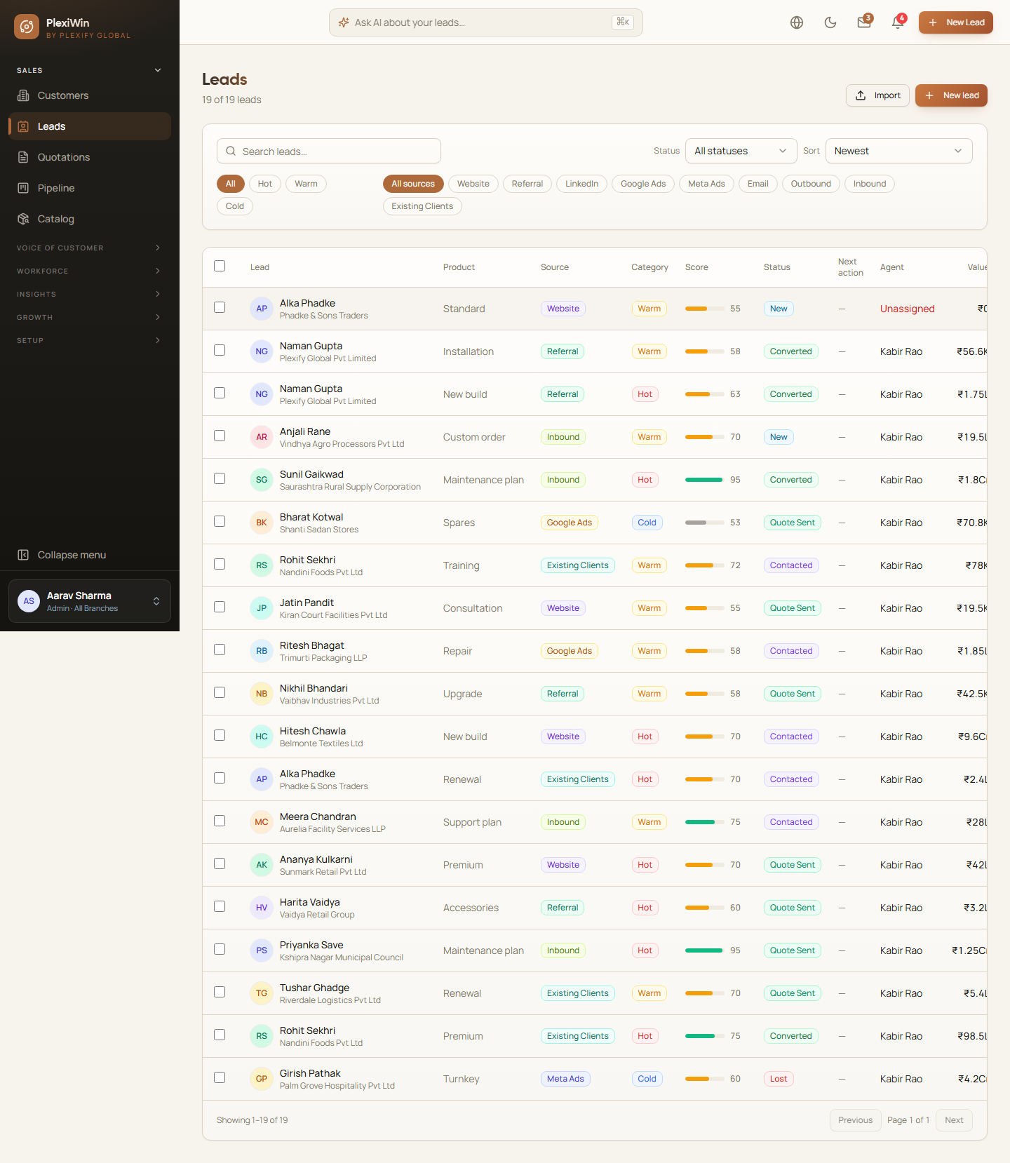 PlexiWin leads list, every number is a call button